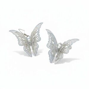 Sterling Silver Layered Filigree Diamond Rhinestone Butterfly Earrings